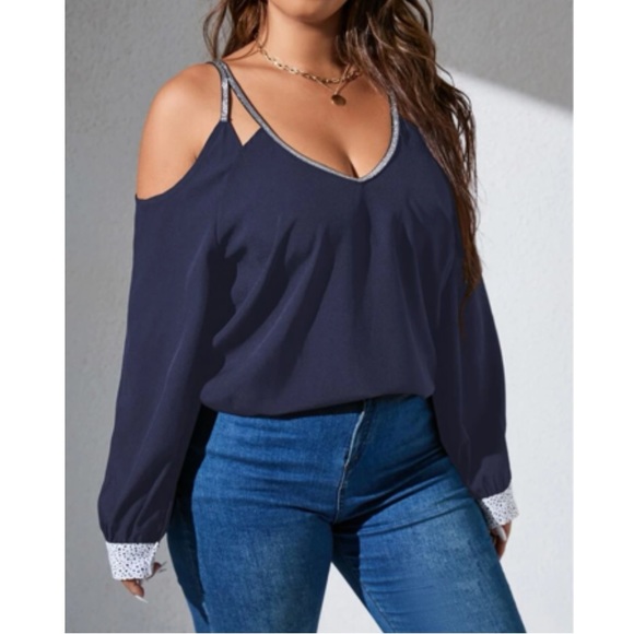 Plus size black contrast trim cold shoulder blouse - Picture 8 of 12